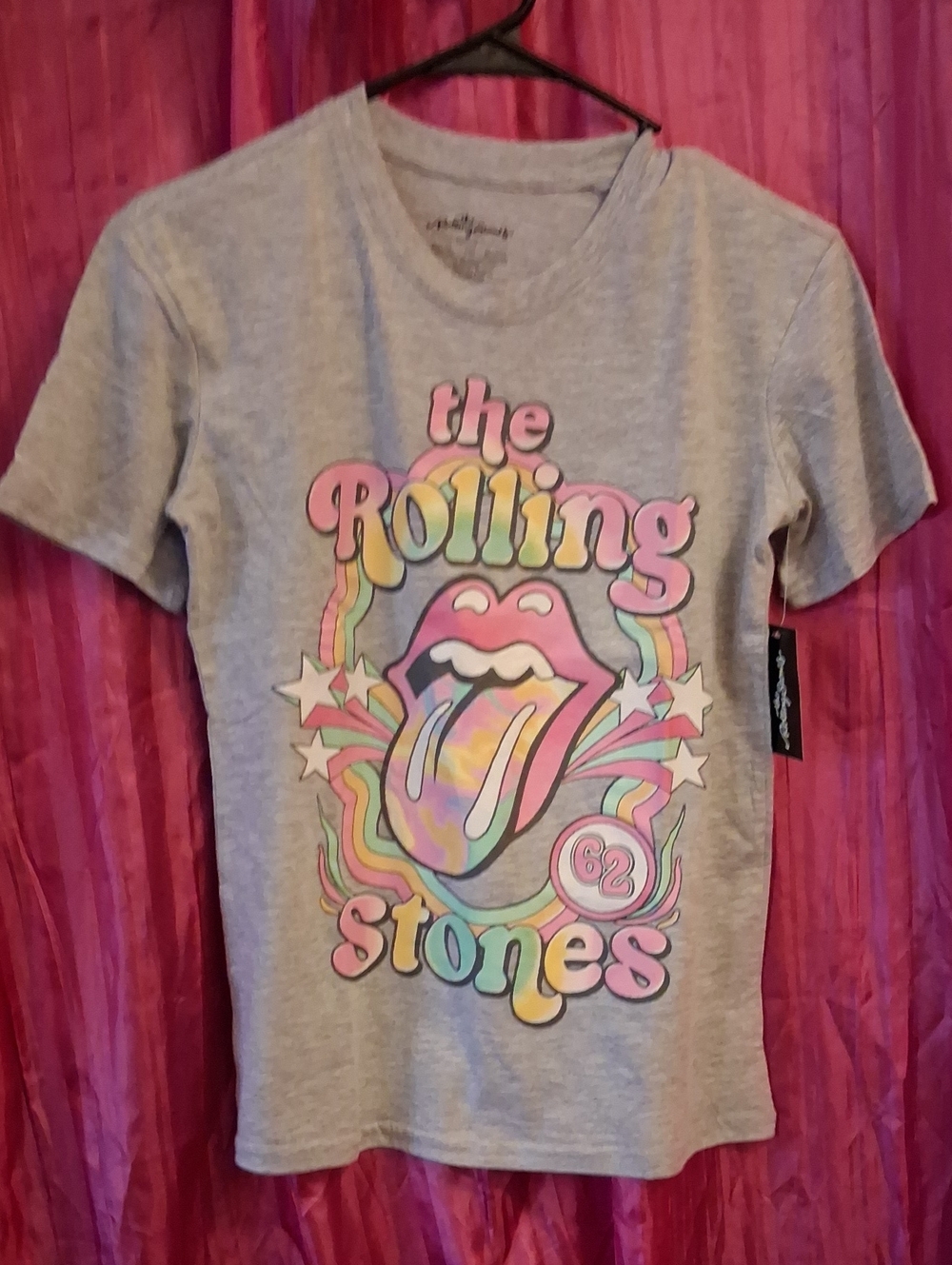 the Rolling Stones Gray Tee with Pastel Rainbow Tongue Logo